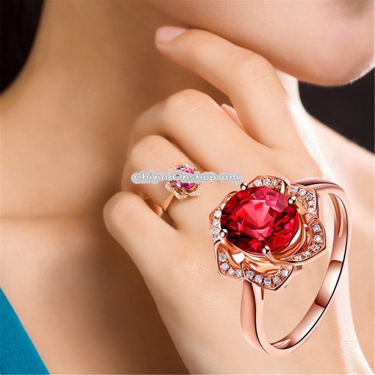 Fashion Red Tourmaline Rose Gold Flower Shape Women Ring