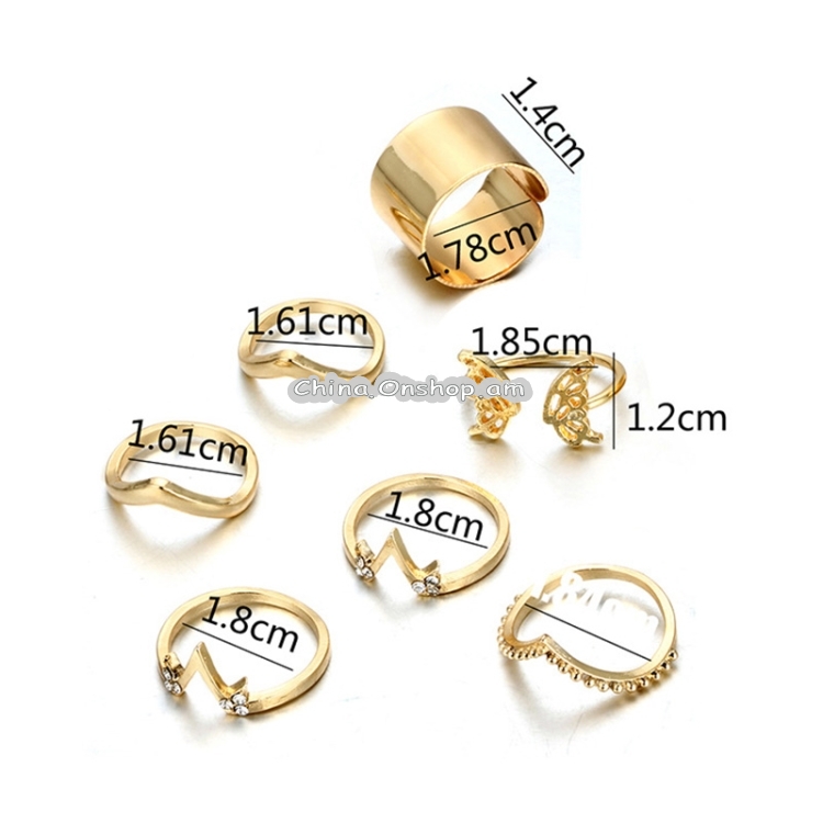 7 PCS/Set Fashion Metal Hollow Butterfly V Shaped Geometric Gold Joint Ring