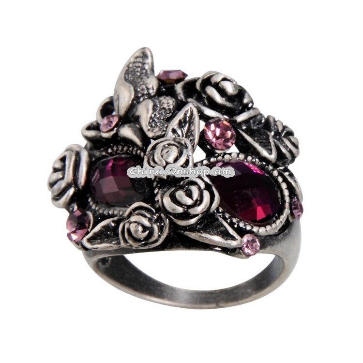Classic Plated Silver Rose Butterfly Inlay Purple Crystal Mask Ring for Men and Women(Silver with Diamond