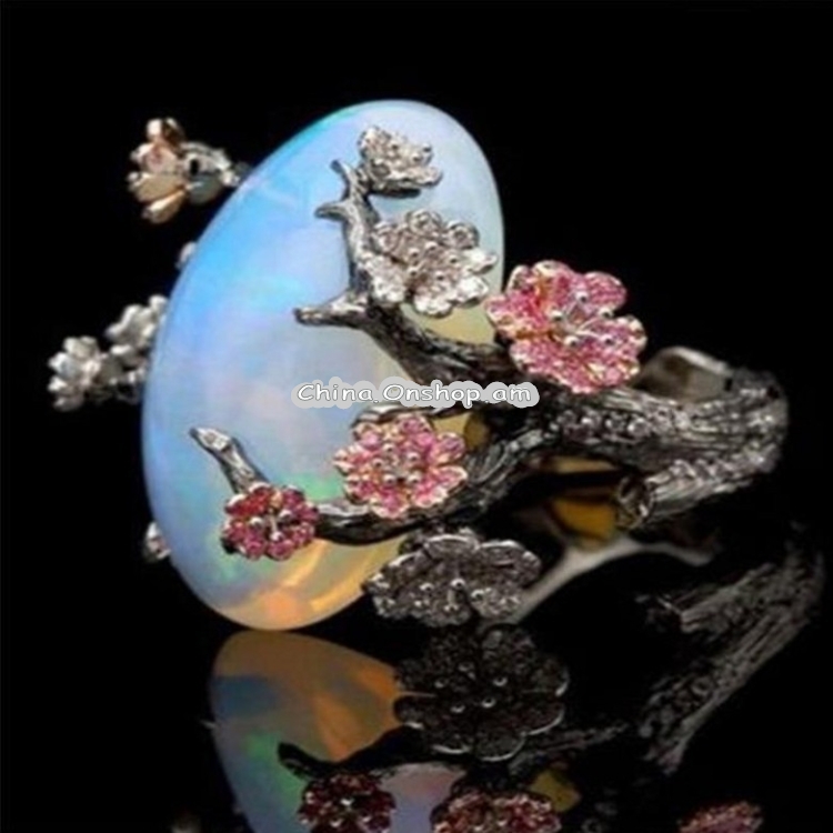 Woman Vintage Black Gold Color Ring White Fire Opal Flower Rings