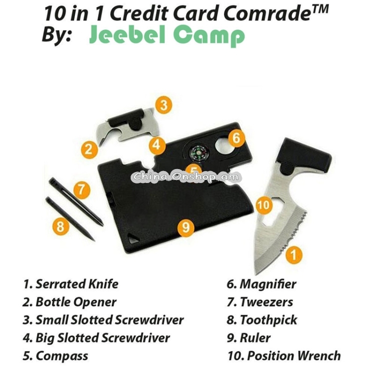 10 in 1 Credit Card Companion with Lens Compass Survival Tool EDC Pocket Knife