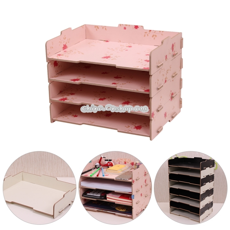 Wood Desk Book File Organizer Creative Document Holder Letter Tray 4 Layers Multi-layer Storage Box Rack for Office School Home