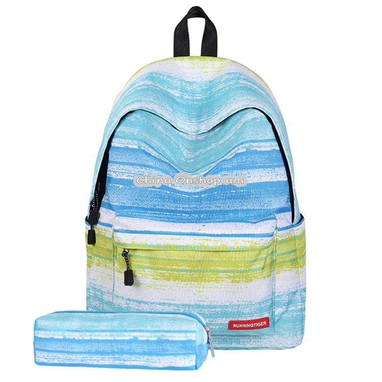 Green Stripe Pattern Print Travel Backpack School Shoulders Bag with Pen Bag for Girls