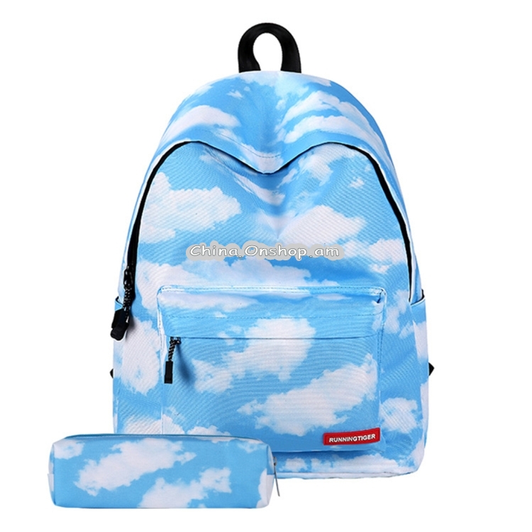 Cloud Pattern Print Travel Backpack School Shoulders Bag with Pen Bag for Girls