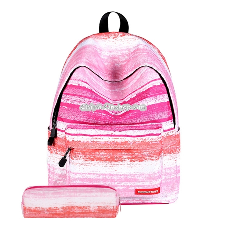 Pink Stripe Pattern Print Travel Backpack School Shoulders Bag with Pen Bag for Girls