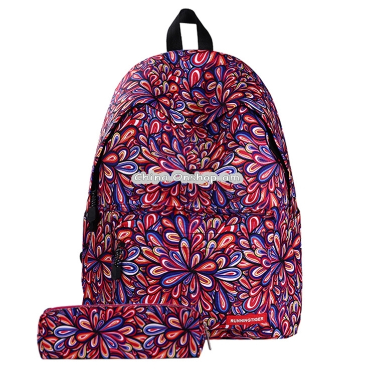 Colorful Flowers Pattern Print Travel Backpack School Shoulders Bag with Pen Bag for Girls