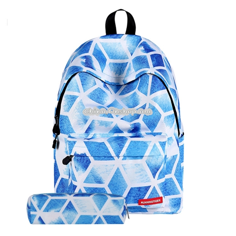 Diamond Lattice Pattern Print Travel Backpack School Shoulders Bag with Pen Bag for Girls