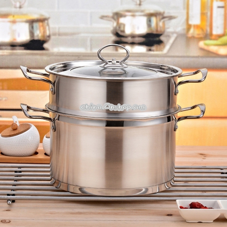 26cm Stainless Steel Thickened Double Bottom Steamer, Style:Double Layer