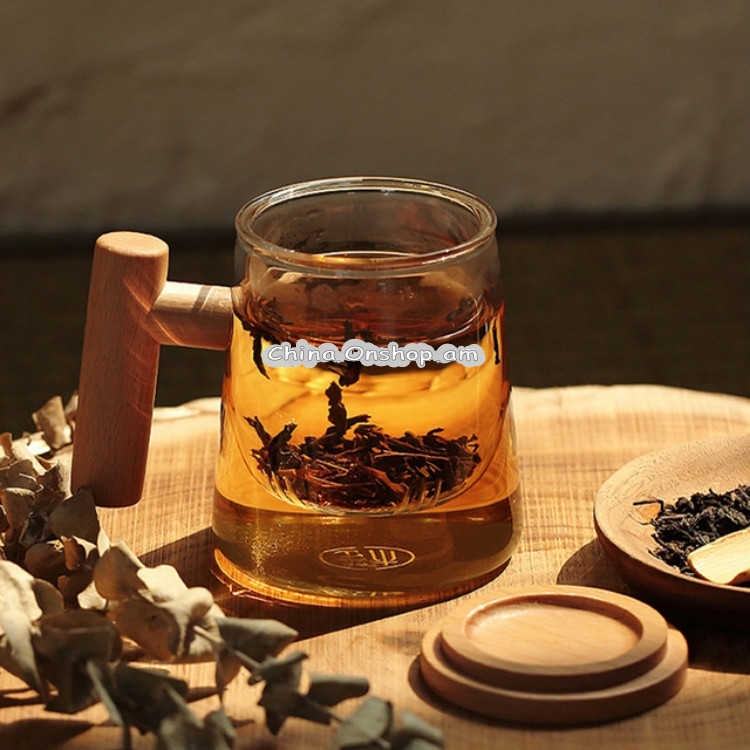 Փայտե բռնակով բորոսիլիկոնային ապակուց բաժակ թեյի համար