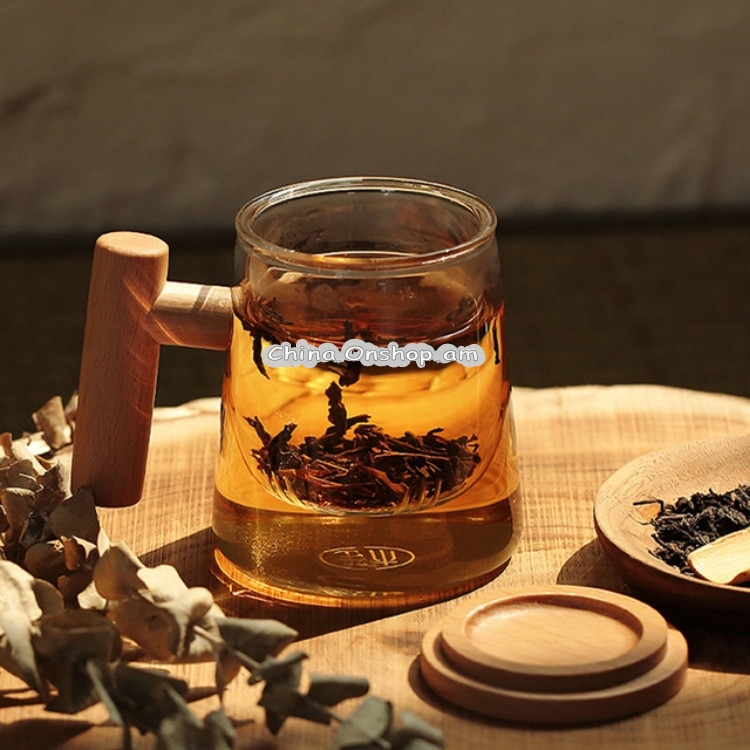 Thick Heat-resistant High Borosilicate Glass Teacup with Wooden Handle, Capacity: 300ML