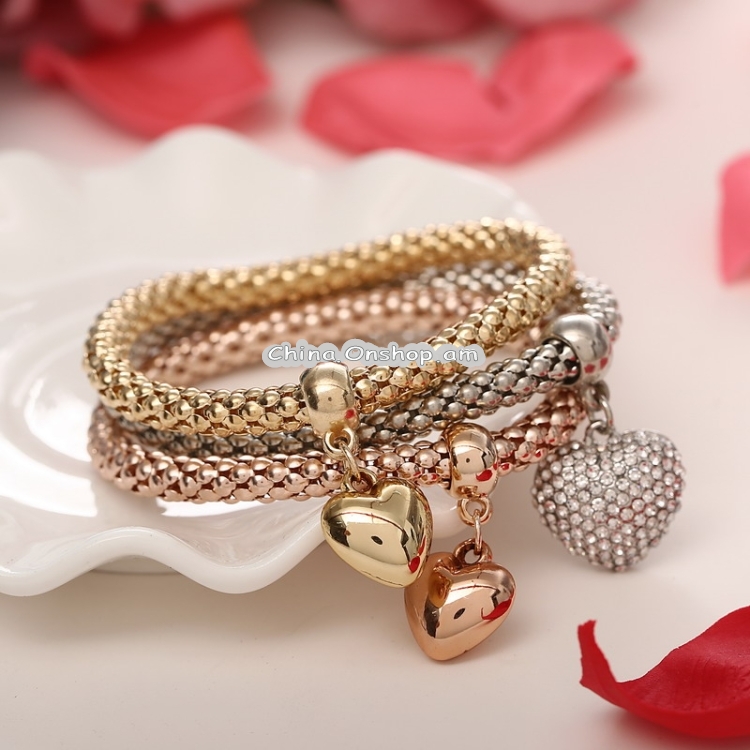 3 PCS/Set Crystal Heart Charm Bracelets Bangles