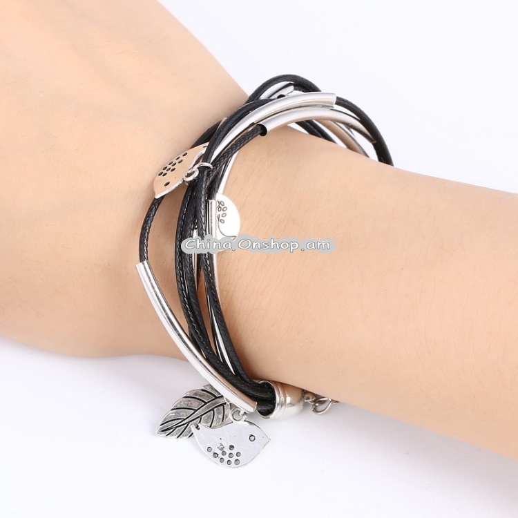 3PCS Silver Charm Leaves Tibetant Silver Multilayer Bracelets