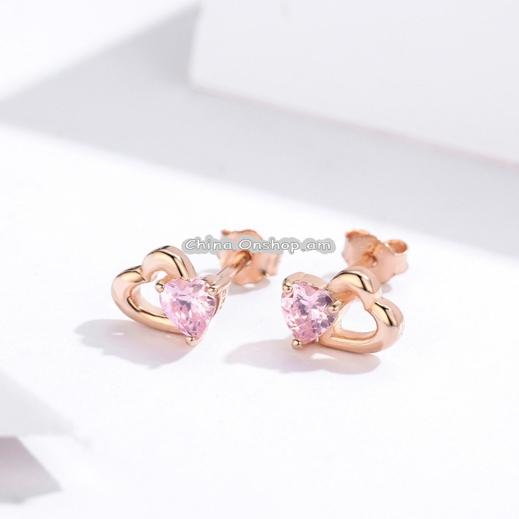 Sterling Silver Earrings Heart-shaped Rose Gold-plated Zircon Earrings