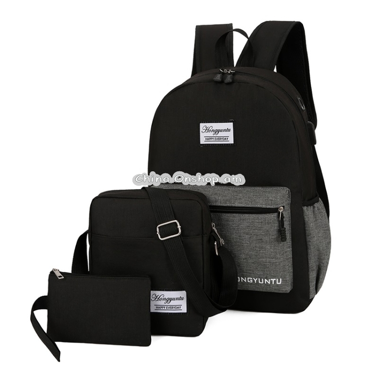 3 in 1 Color Matching Nylon Double Shoulders Bag Ladies Handbag School Backpack Bag with USB Port (Color:Black Size:OneSize)