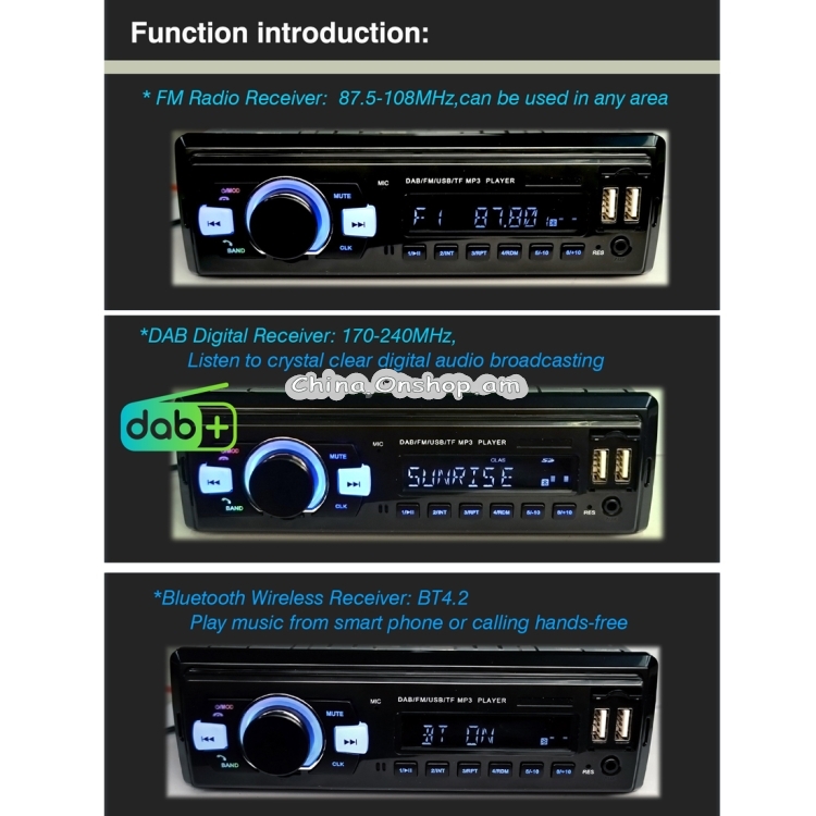 1-Din Car DAB Radio Player Stereo System FM Receiver, Support Bluetooth & U Disk & MP3 & TF Card