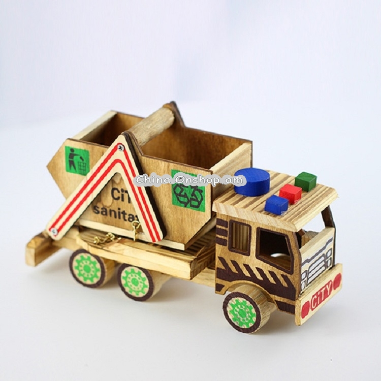 Wooden Craft Gift Creative Color Sanitation Car Model Home Decoration, Style:Sanitation Vehicle