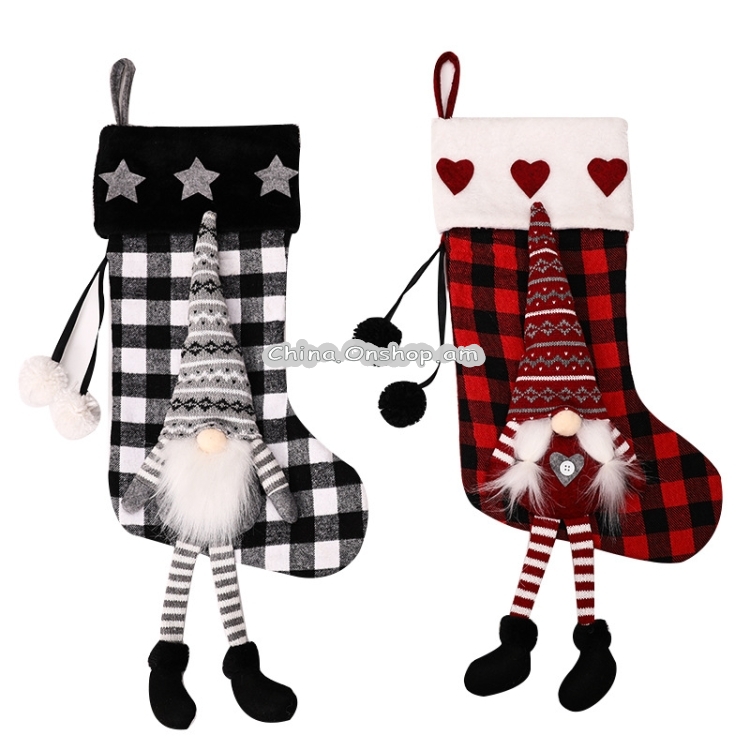 Hanging Feet Faceless Doll Christmas Socks Christmas Decoration Gift Bag( Black And White Grid)