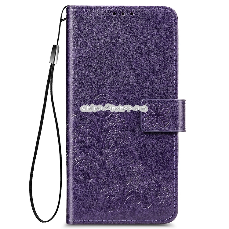 For Xiaomi Redmi 9A Four-leaf Clasp Embossed Buckle Horizontal Flip TPU + PU Leather Case with Lanyard & Card Slot & Wallet & Holder