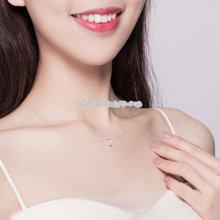 Invisible Fish Line Necklace Zircon Pendant S925 Sterling Silver Necklace
