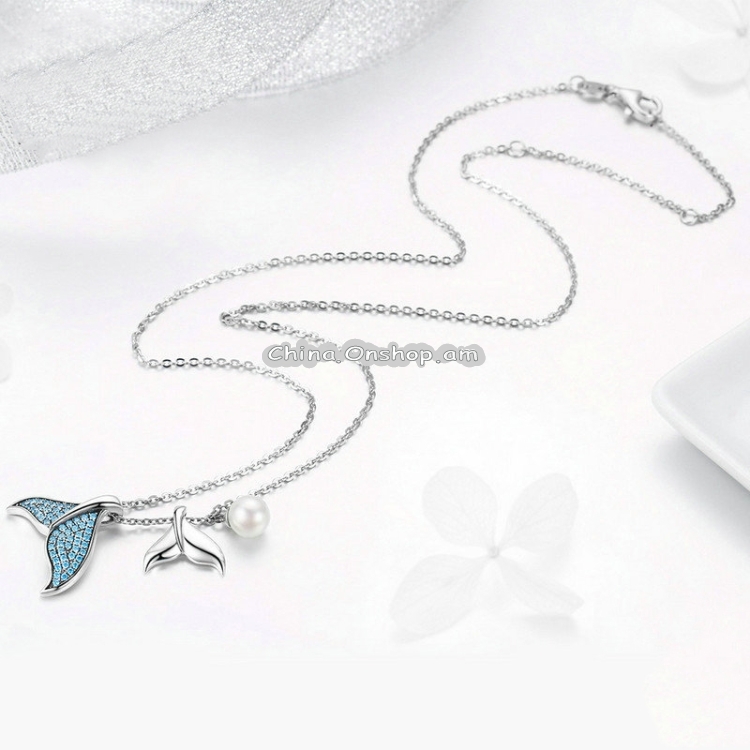Mermaid Tears S925 Sterling Silver Necklace Ocean Shell Pearl Fish Tail Necklace