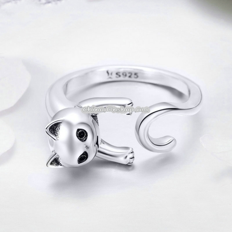 S925 Sterling Silver Ring Naughty Cat Inlaid Zircon Ring