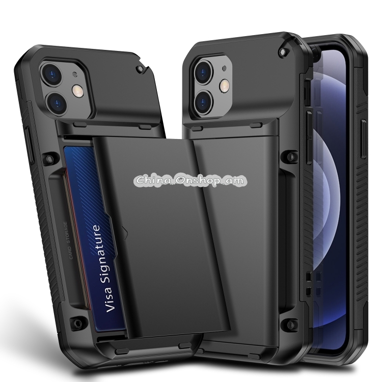 For iPhone 12 Pro Max Shockproof Heavy Duty Armor Protective Case with Slide Multi-Card Slot