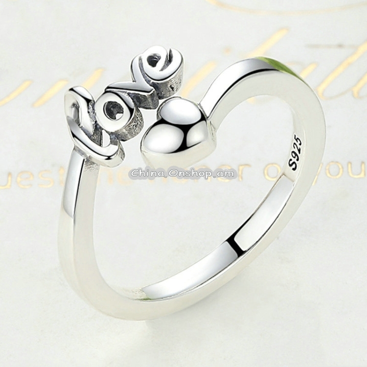 S925 Sterling Silver Ring Love Heart-shaped Letter LOVE Open Ring