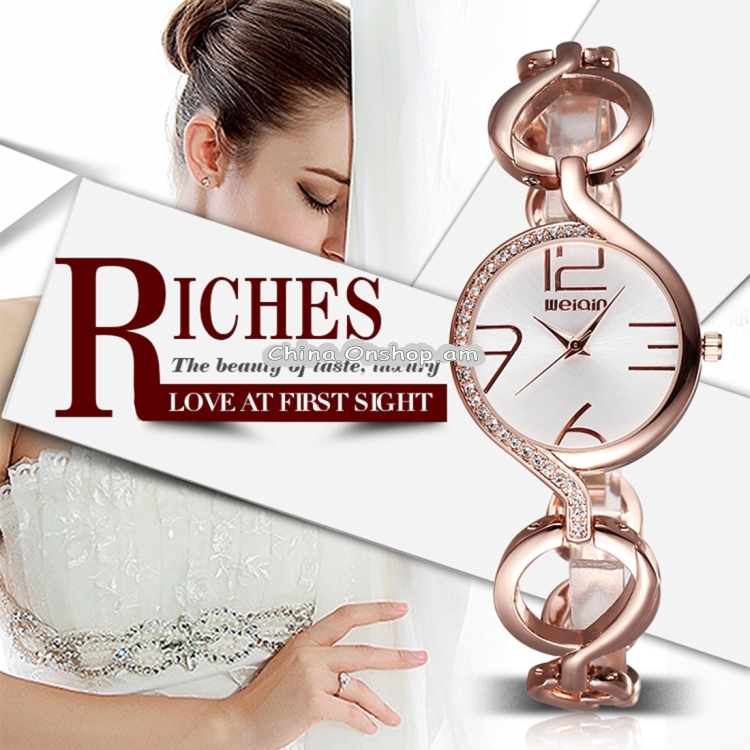 WeiQin Women Fashion Hollow Chain Bracelet Crystal Inlaid Dial Quartz Wrist Dress Watch