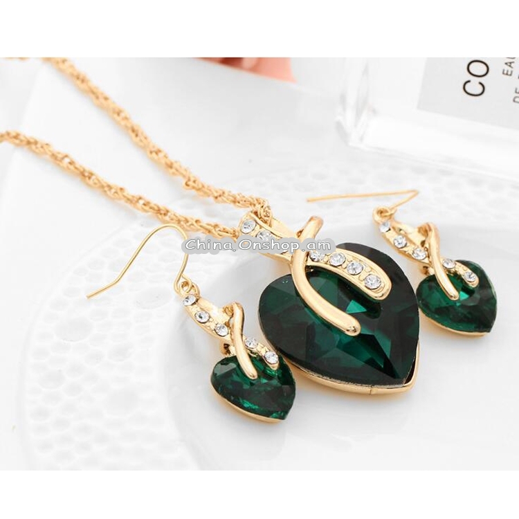 3 PCS / Set Women Heart Shaped Crystal Zircon Earring Necklace Jewelry Set