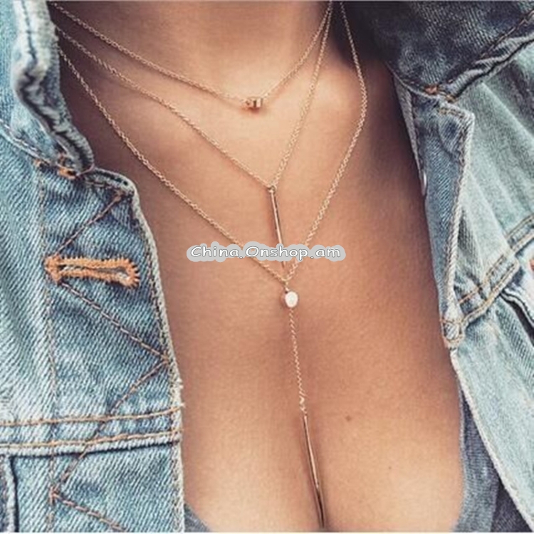Women Fashion Collarbone Chain Short Necklace Pendant Sweater Chain Crystal Dot Multi-Layer Necklace