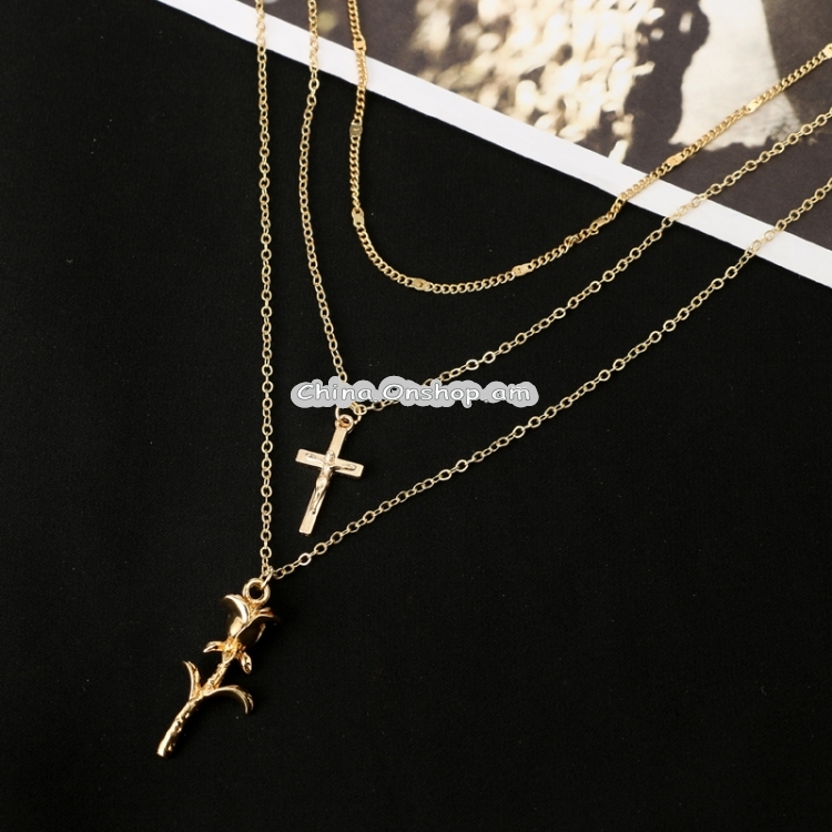 Vintage Cross Rose Flower Pendant Necklaces Women Girl Floral Layered Necklace