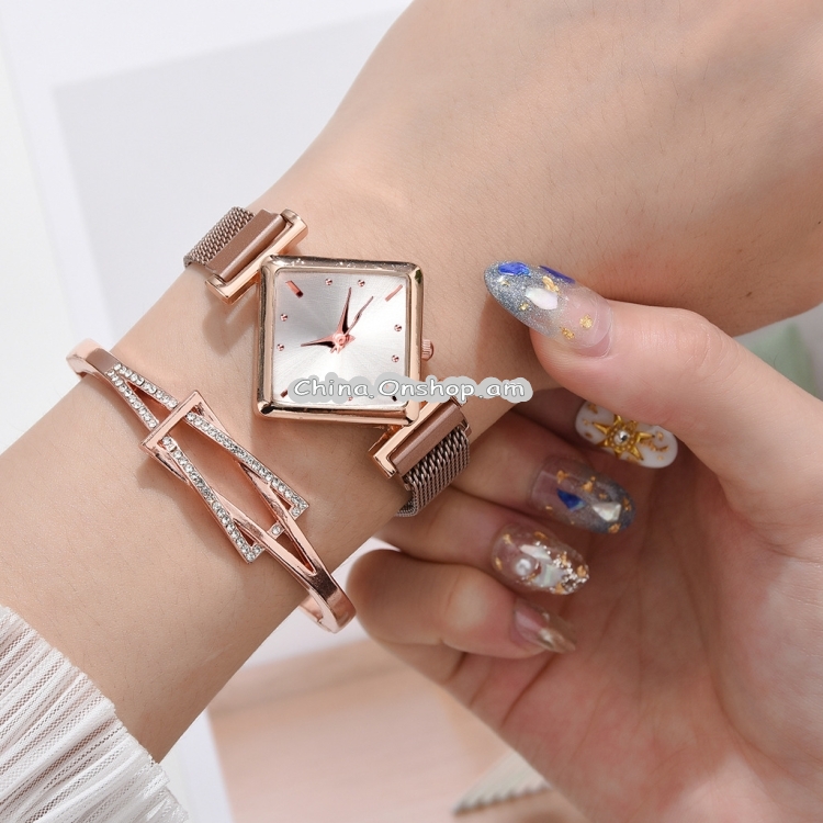 Ladies Diamond Dial Quartz Watch, Colour: Rose Gold White + Bracelet