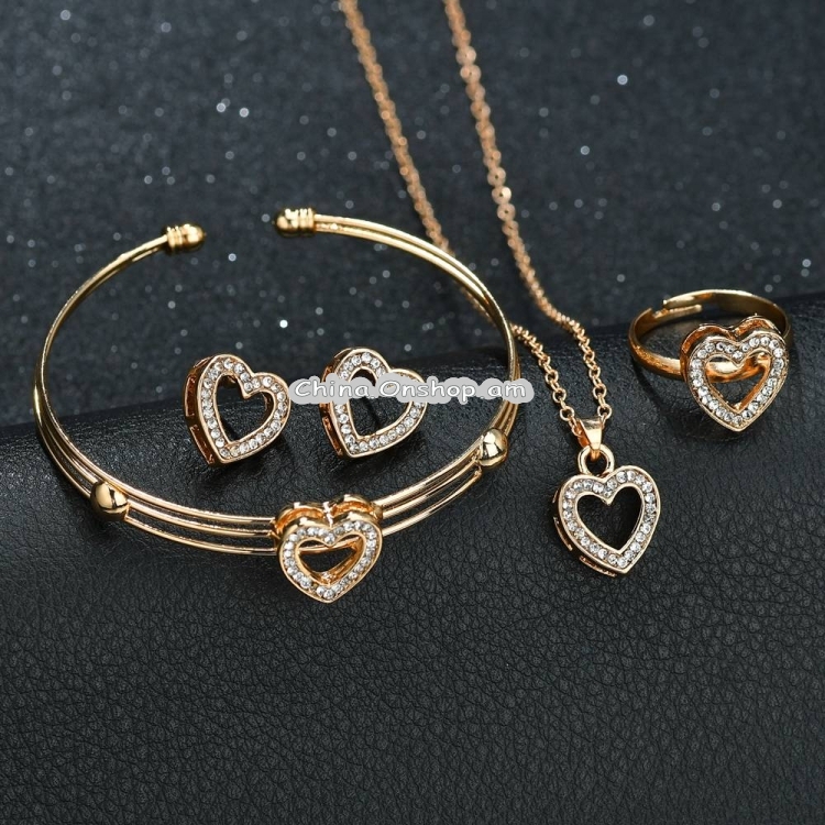 4 PCS/Set Cute Girls Heart Shape Neclace Earrings Ring Jewelry Sets