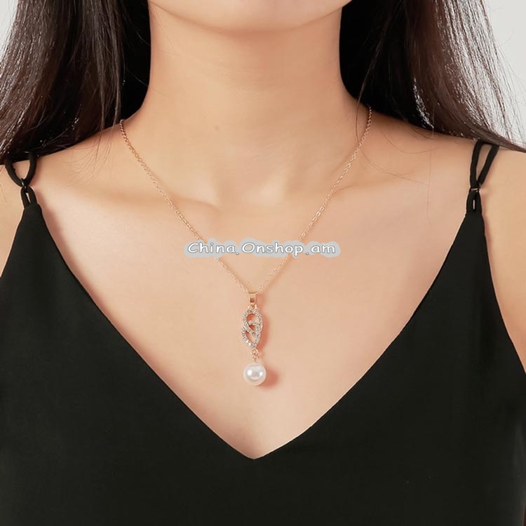 Elegant Double Ring Pearl Pendant Necklace Hook Earrings Set Wedding for Women