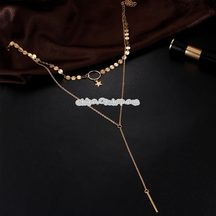 Simple Sexy Handmade Sequins Star Tassels Circle Clavicle Chain Long Pendant Double-layer Chain