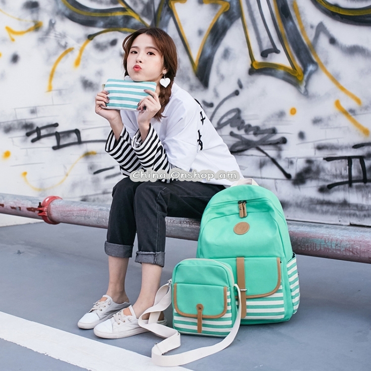 8893-1 3 PCS/Set Canvas Backpack Printed Student Schoolbag Striped Computer Bag