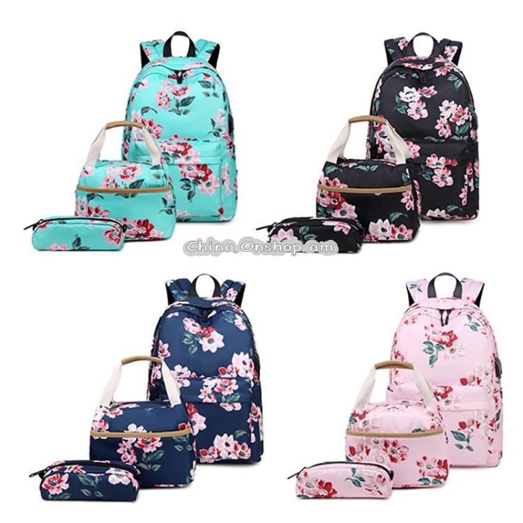 1916-1 3 PCS / Set Printed USB Backpack Student School Bag