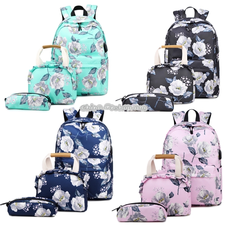 1909-1 3 PCS/Set Printed Backpack Small Fresh Student School Bag Computer Bag Lunch Backpack