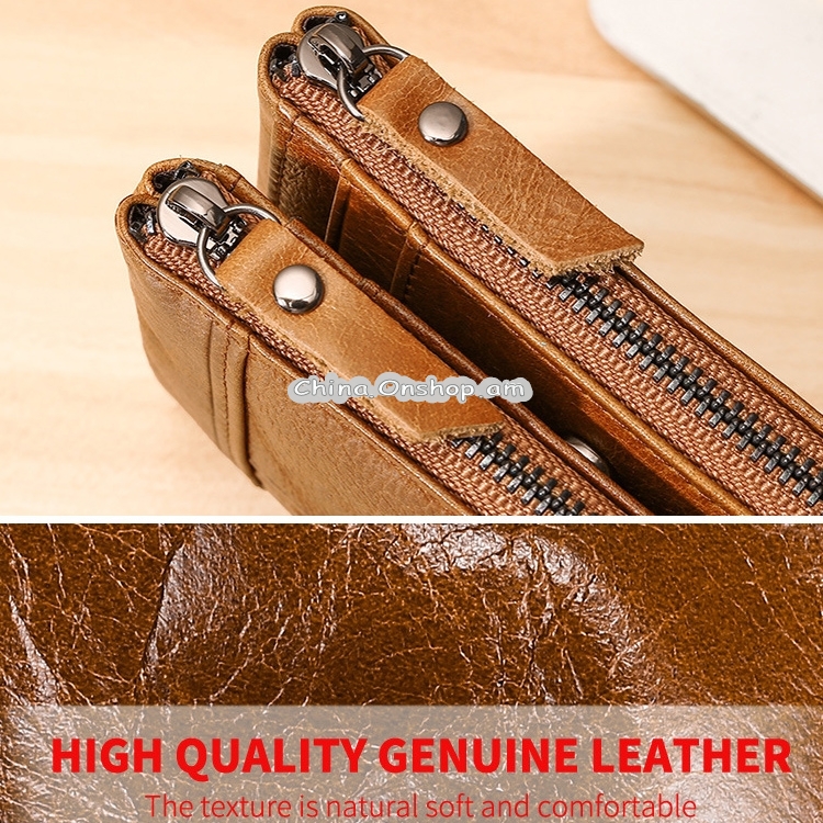 FX-199 Leather Retro Men Double Zipper Short Wallet Anti-RFID Casual Wallet Coin Purse