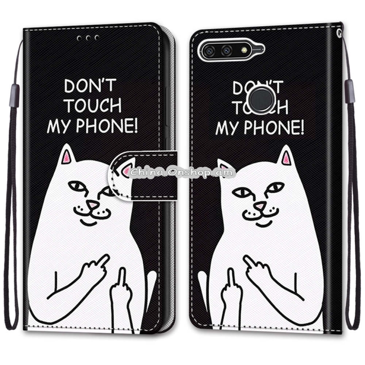 For Huawei Y6 (2018) / Honor 7A Coloured Drawing Cross Texture Horizontal Flip PU Leather Case with Holder & Card Slots & Wallet & Lanyard(18 Middle Finger White Cat)