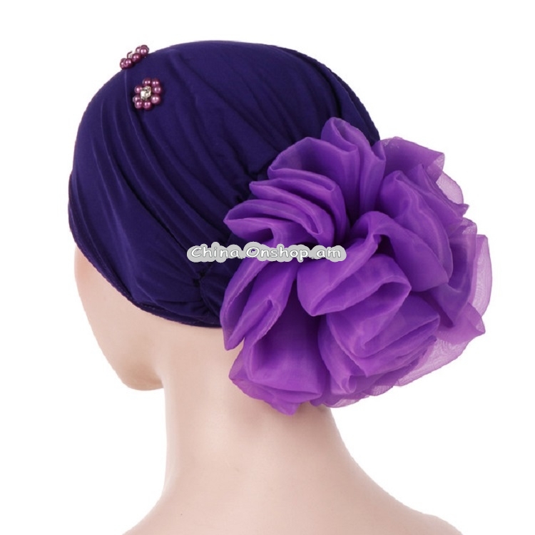 Women Personality Rear Flower Decoration Turban Hat Beaded Hooded Cap
