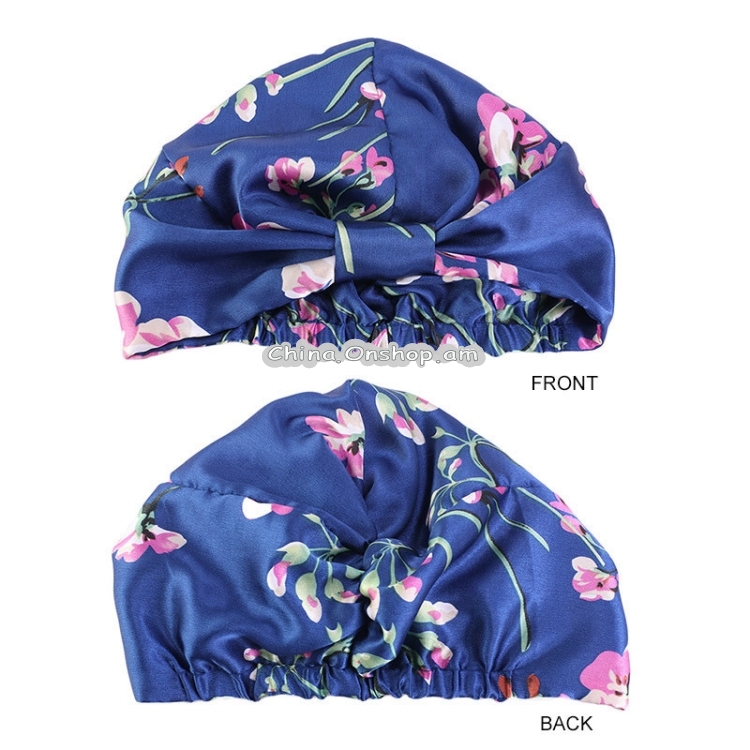 Satin Printed Double-Layer Turban Cap Silk Night Cap Hair Care Cap Chemotherapy Hat, Size: One Size(Navy Flower) Lead Time: 1~3 Days