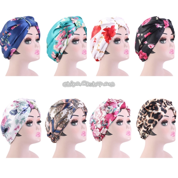 Satin Printed Double-Layer Turban Cap Silk Night Cap Hair Care Cap Chemotherapy Hat