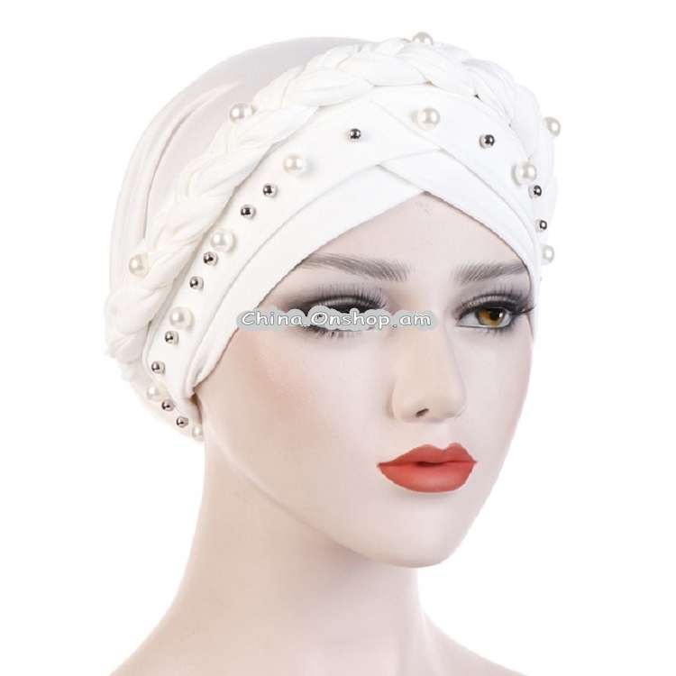 Ladies Turban Cap Milk Silk Single Braid Cap Rivet White Pearl Hooded Cap