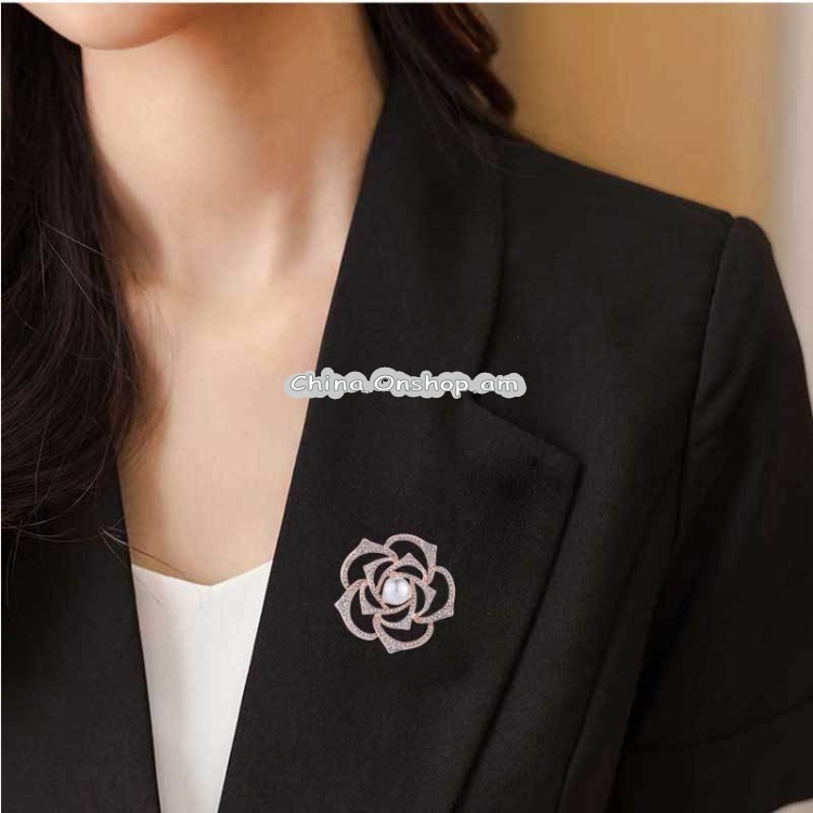 Diamonds Mountain Tea Flower Brooch Pearl Pin Simple Suits Cheongsam Accessories