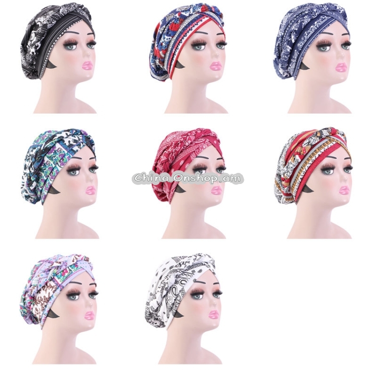 Turban Hat Twist Braid Hat Bohemian Toe Cap Night Cap Nursing Cap, Size: One Size(Light Purple Rose Red Floral)