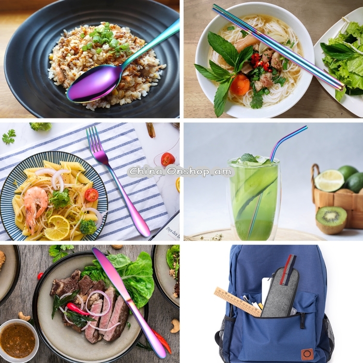 7 in 1 Cutlery Spoon Chopsticks And Straw Set Stainless Steel Portable Cutlery Set, Specification: Symphony + Deep Bag