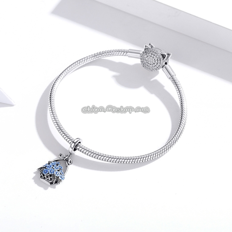 S925 Sterling Silver Flower Basket Blue Flowers Pendant DIY Bracelet Necklace Accessories
