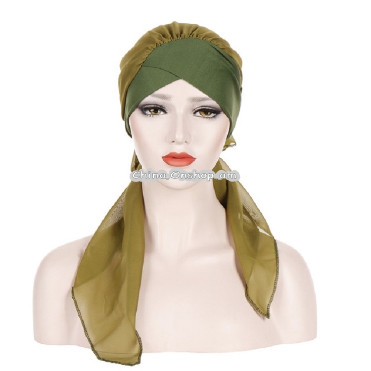 Ladies Forehead Cross Chiffon Long Tail Cap Turban Hat, Size:One Size