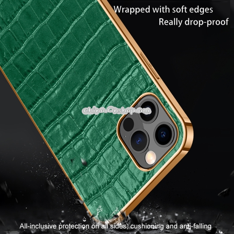 Electroplated Edge Crocodile Texture Top Layer Cowhide Leather Back Cover Shockproof Case For iPhone 13 Pro Max